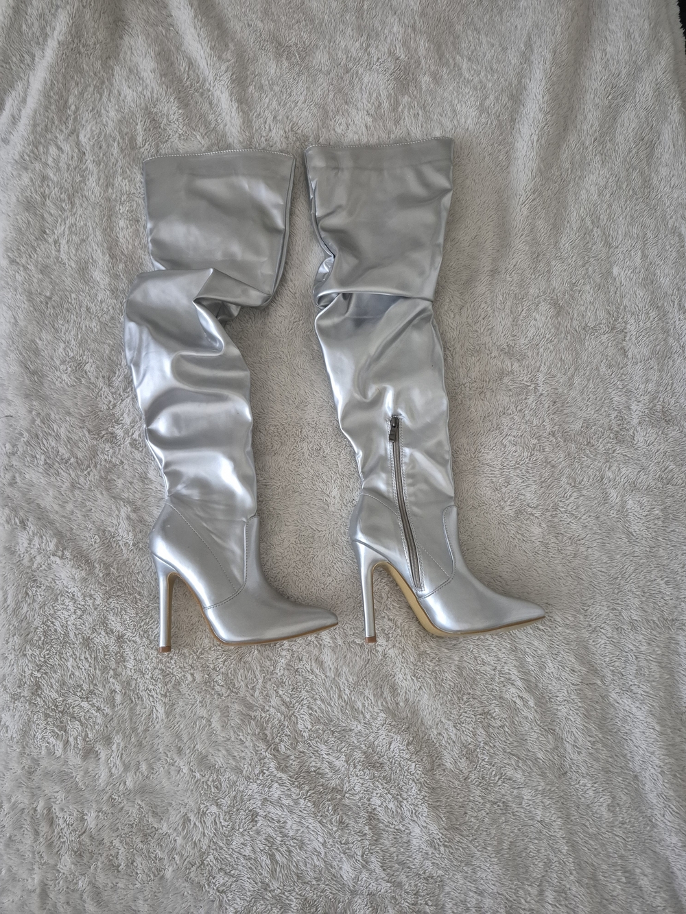 Silver Over-the-Knee Stiletto Boots - Women's High Heel Thigh Boots